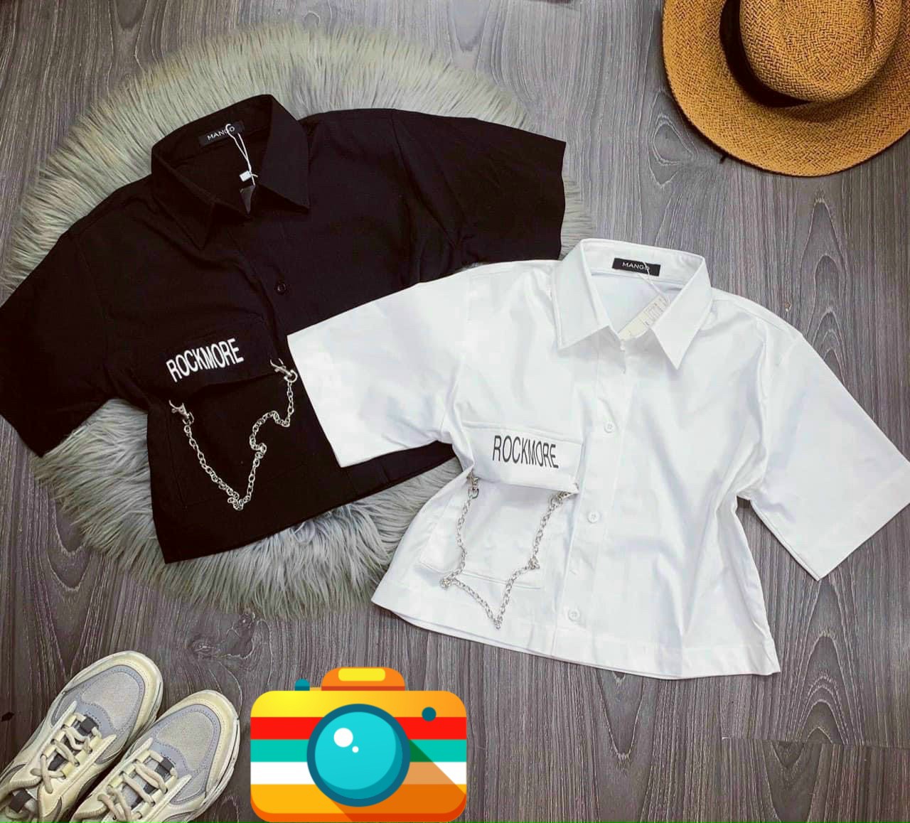 [HCM]Áo Croptop Trắng Cổ Bẻ Phối Xích