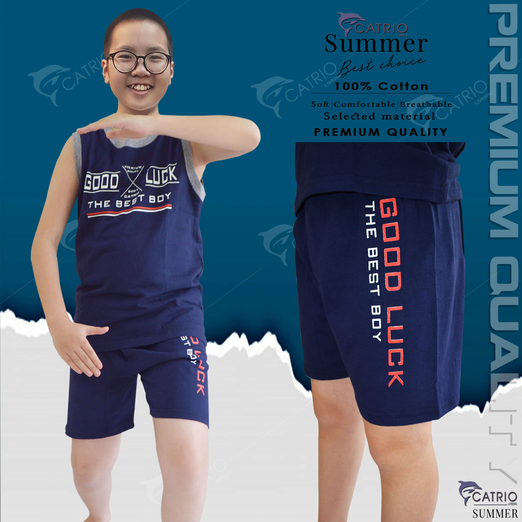 BỘ ĐỒ THUN BÉ TRAI CATRIO in GOOD LUCK  là bộ phông mùa hè trẻ em từ 9 tuổi 32kg đến 12 tuổi 50kg gồm QUẦN ĐÙI + ÁO SÁT NÁCH vải 100%Cotton đạt chuẩn xuất khẩu, thích hợp bé trai mặc ở nhà đi du lịch rất mát và hạnh phúc