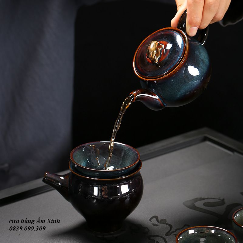 Bộ ấm chén pha trà đạo men Thiên Mục Lông Thỏ Hỏa Biến