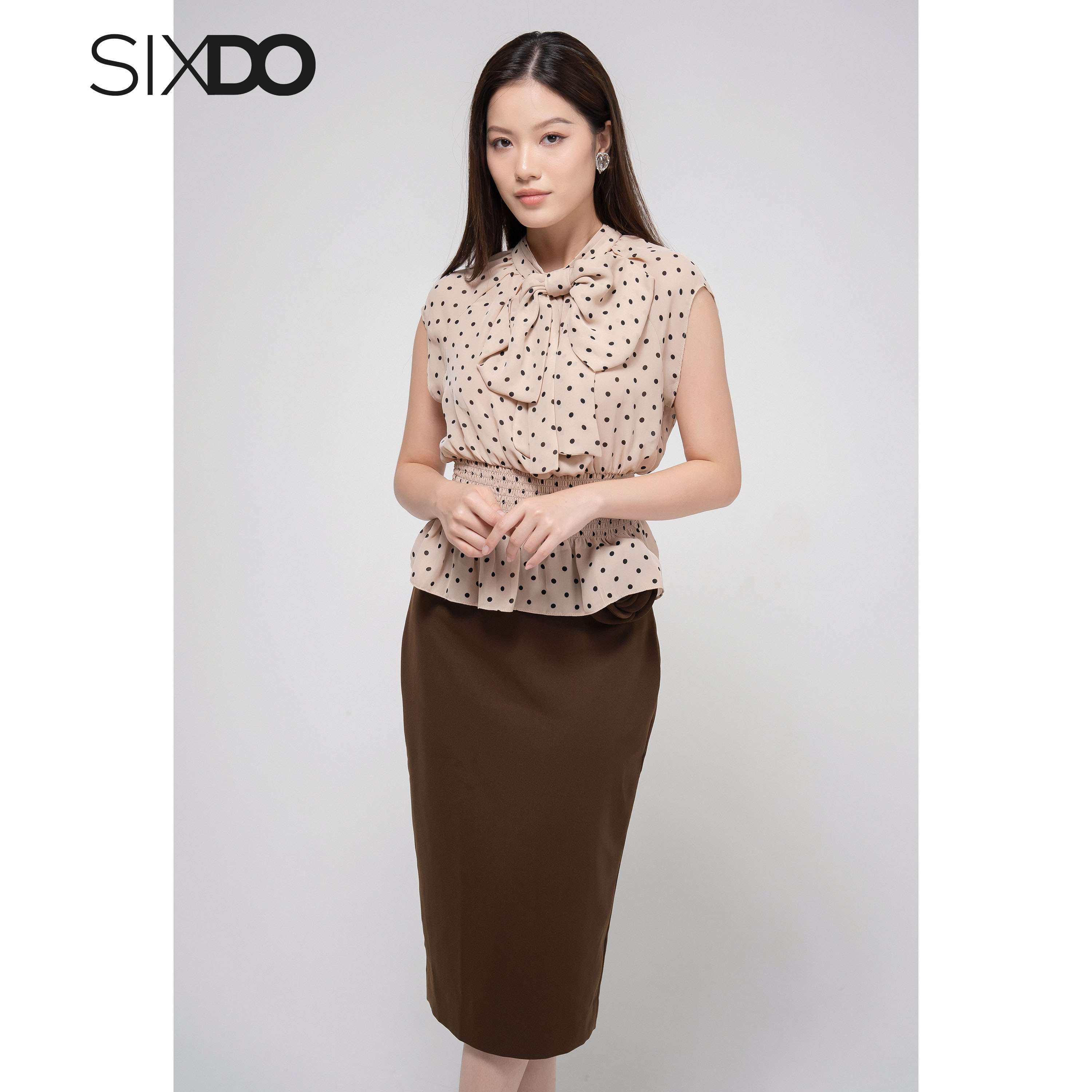 Áo chiffon kiểu nữ chấm bi phối nơ SIXDO (Polka Dot Bowtie Chiffon Top)