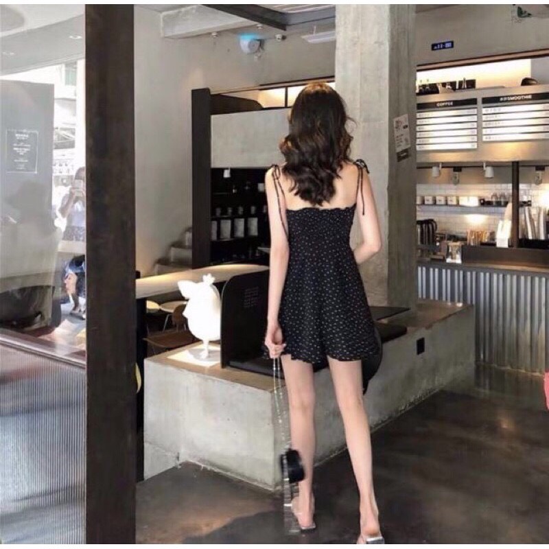 {ẢNH THẬT} Đầm chấm bi 2 dây cột nơ siêu xinh