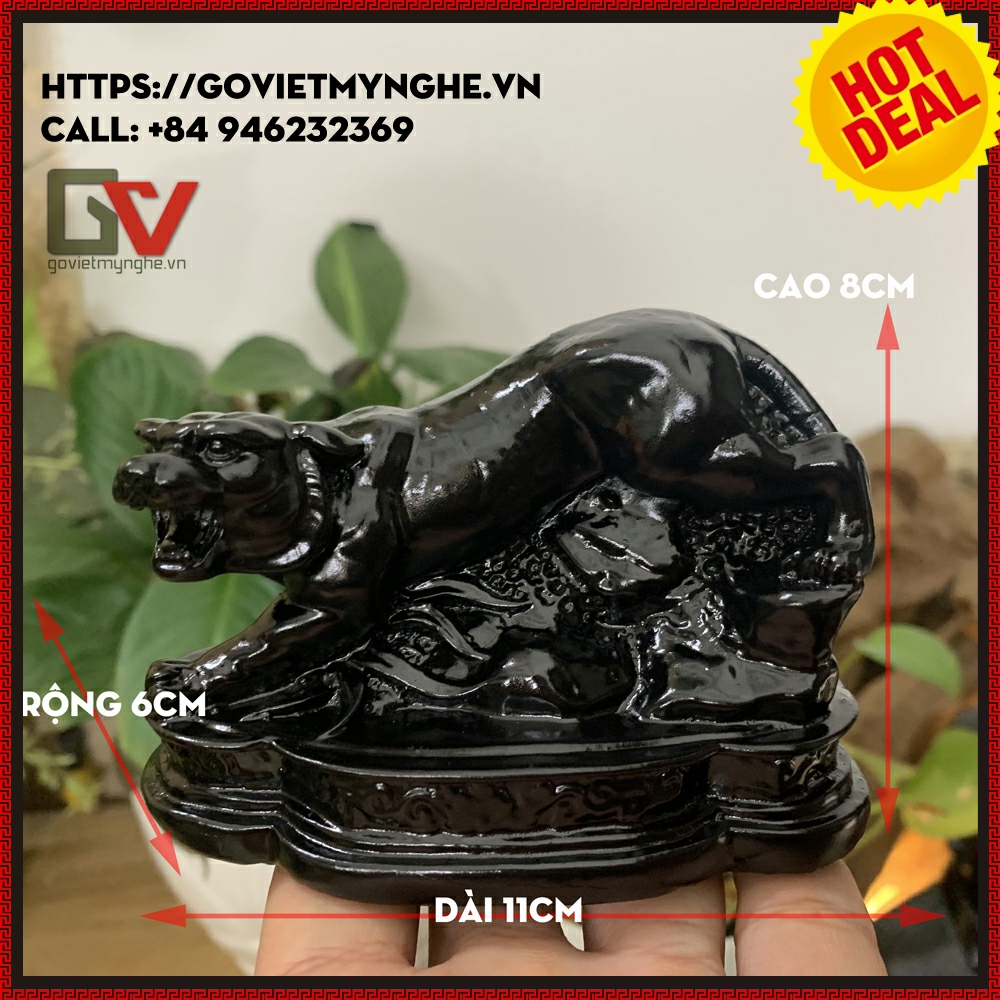 Tượng đá con Hổ trang trí phong thủy bàn làm việc - Màu đen tuyền - Cao 8cm