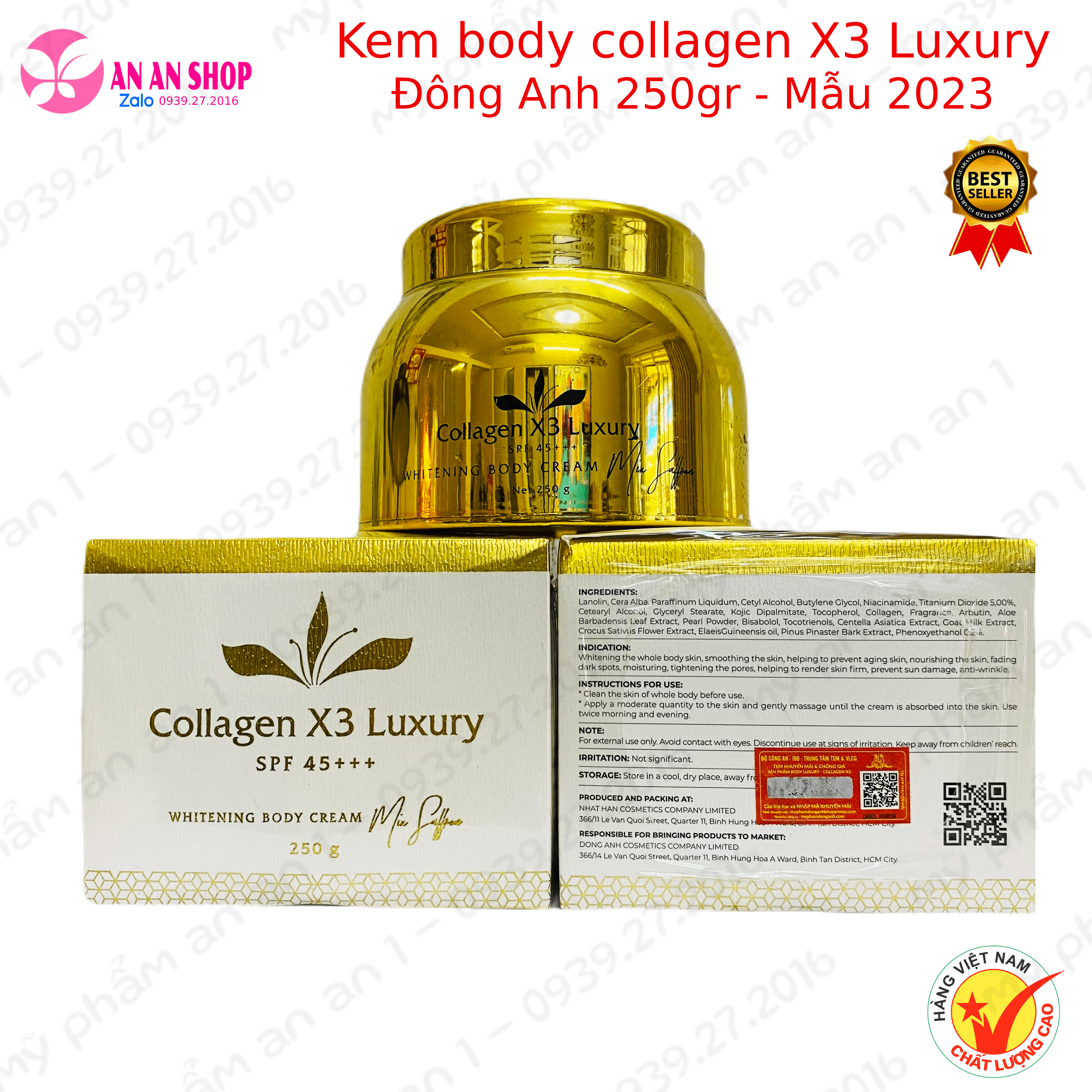Kem Body Luxury Collagen X3 Đông Anh 250gr, Mẫu mới 2024 dưỡng trắng da body chính hãng