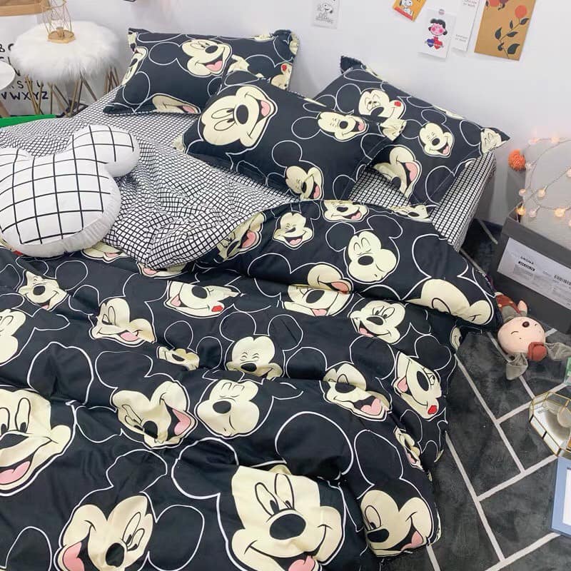 Bộ ga và 2 vỏ gối Cotton Poly Mẫu MICKEY ĐEN