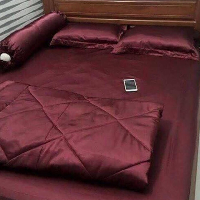 ( Lụa Loại 1) Ga Giường Phi Lụa Màu Đỏ Mận Cao Cấp Mềm Mại Lan Pham Bedding