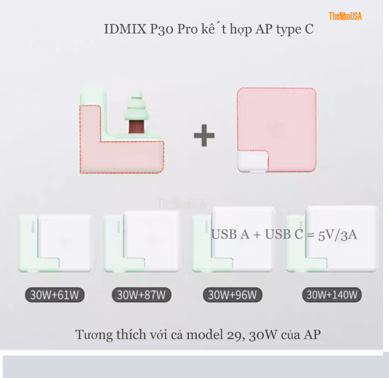 Củ sạc nhanh Idmix P30 Pro - [1 Type C + 1 Type A] PD/QC... [Kết hợp với củ AP] - [BH 12T]