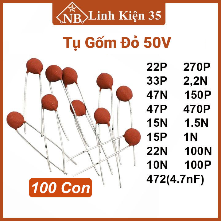 Gói 100 con tụ gốm đỏ điện áp 50V nhiều giá trị
