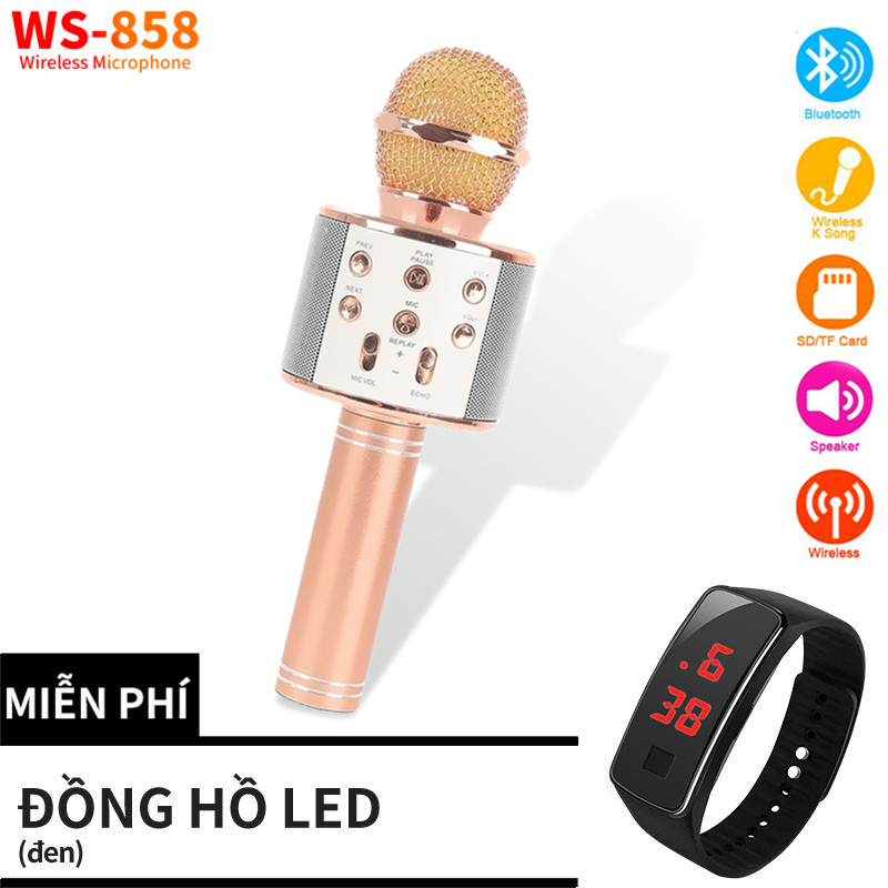 Micro không dây Karaoke WS 858 Bluetooth - Hỗ trợ ghi âm Đồng hồ LED miễn phí