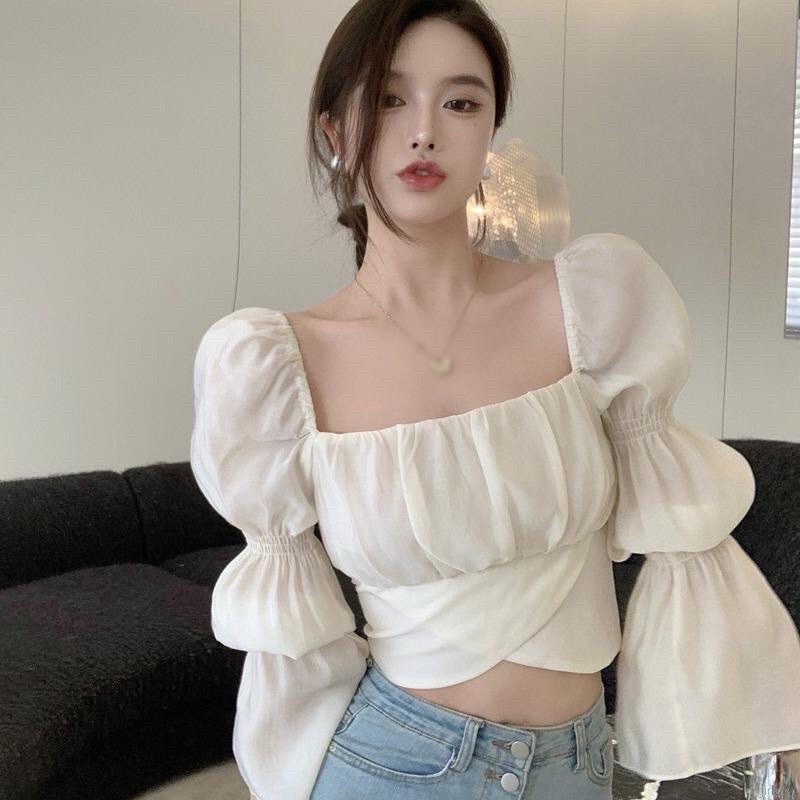 Áo croptop cột eo tay phồng chất voan có mút ngực siêu đẹp