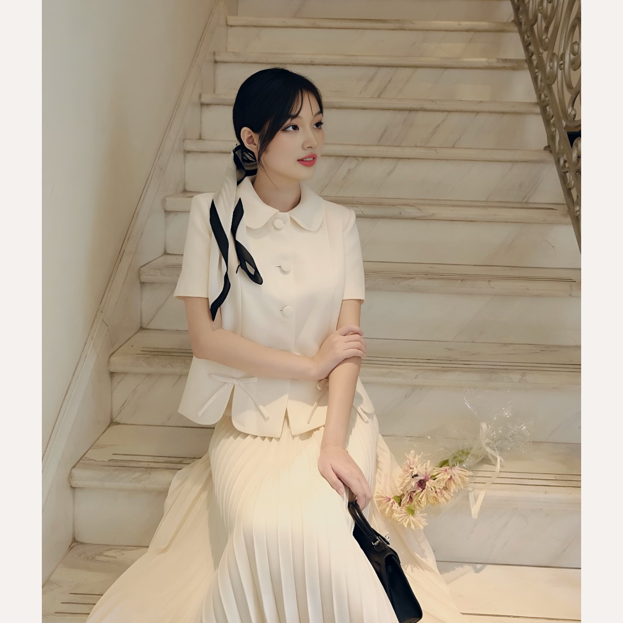 Áo vest nữ cổ sen phối nơ chất dạ text Linly Store
