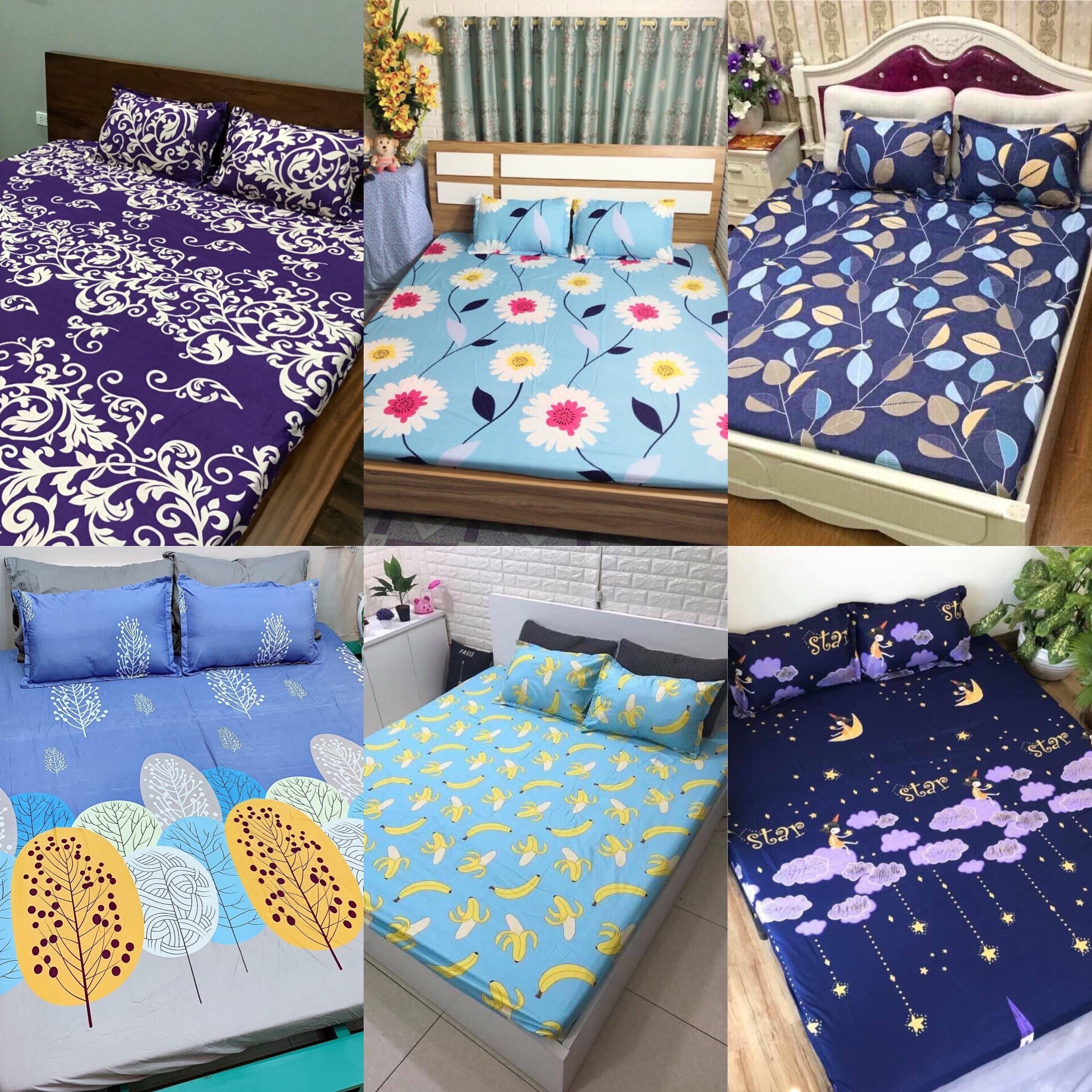 [ Nhiều màu - được chọn mẫu - Đủ kích thước ] Bộ ga gối - Set ga gối - Ga chun bọc và 2 vỏ gối cotton Việt Nam hoạ tiết hiện đại