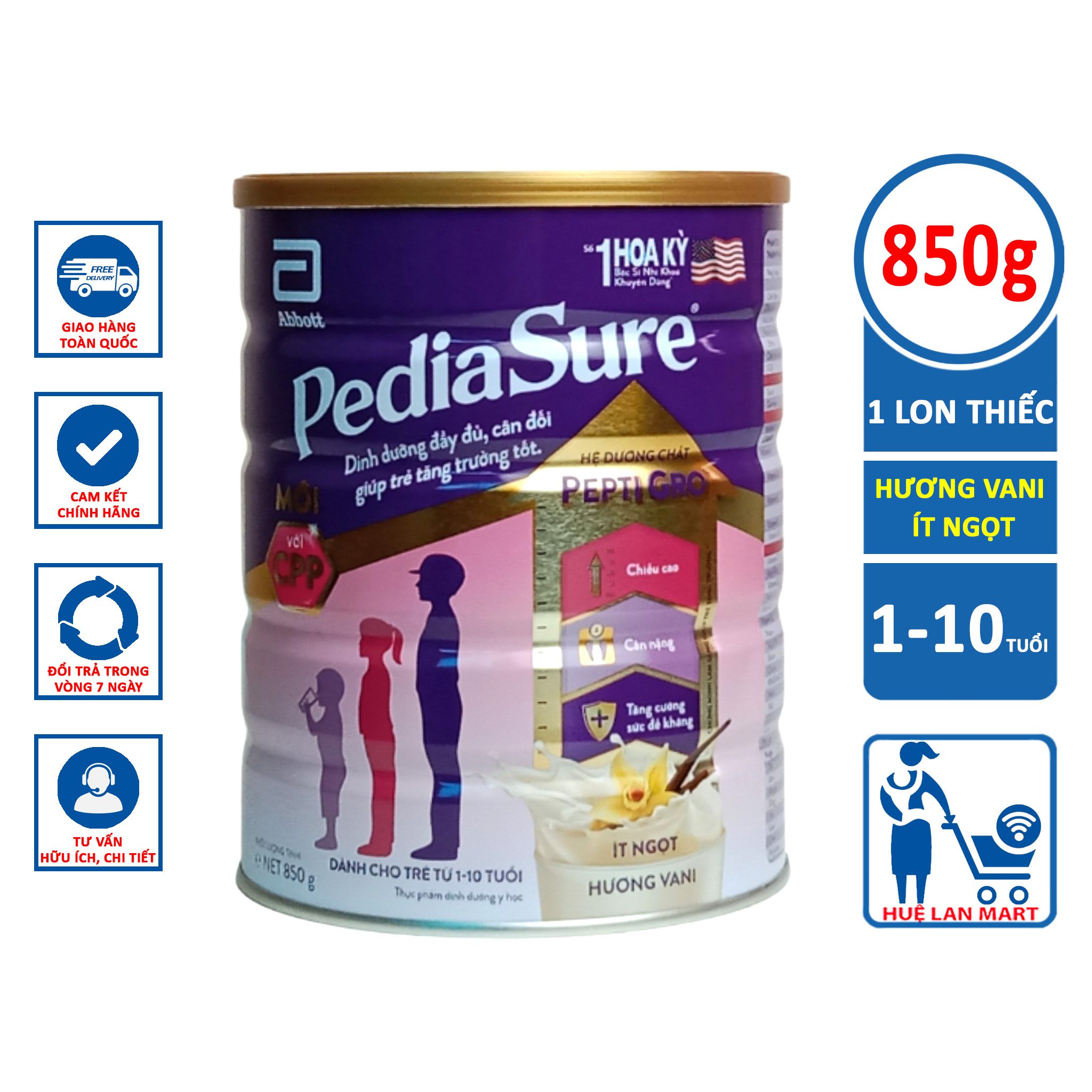 Sữa bột abbott pediasure ít ngọt hương vani/ pediasure 10+ hương vani - hộp 850g/800g