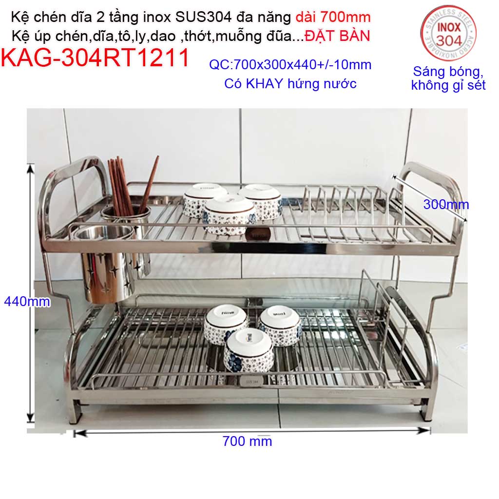 [HCM]Kệ đựng chén bát đặt bàn 70cm Kệ úp chén dĩa có khay hứng Kệ úp chén dĩa đa năng SUS304 Inox Kace KAG-304RT1211 dài 70cm