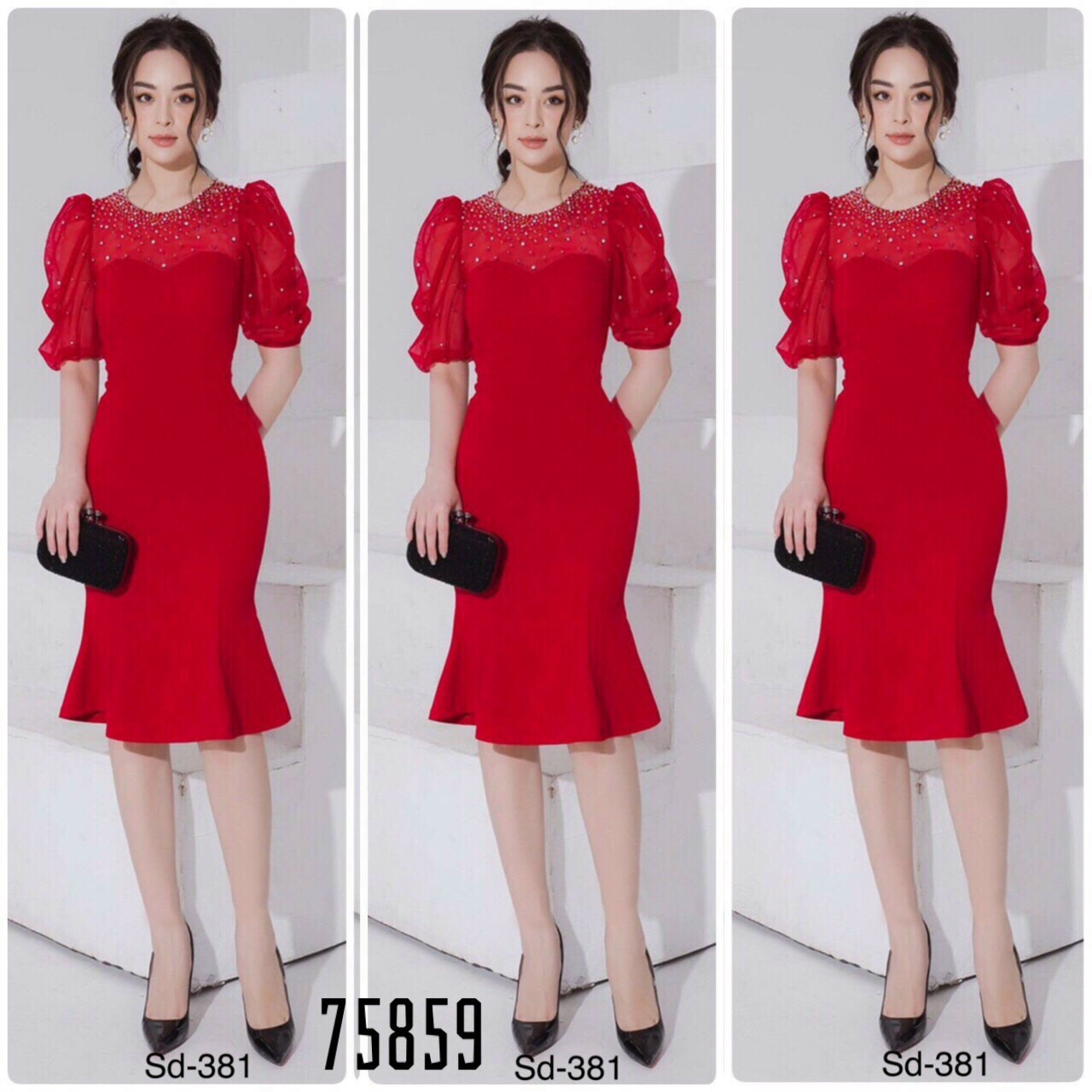 Đầm ôm đuôi cá phối voan ép đá