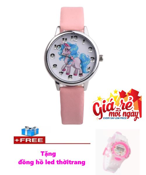 [HCM]Đồng hồ cho bé gái ngựa PONY dây da mềm siêu dễ thương ( hồng phấn ) + Tặng 1 đồng led hồng cực đẹp
