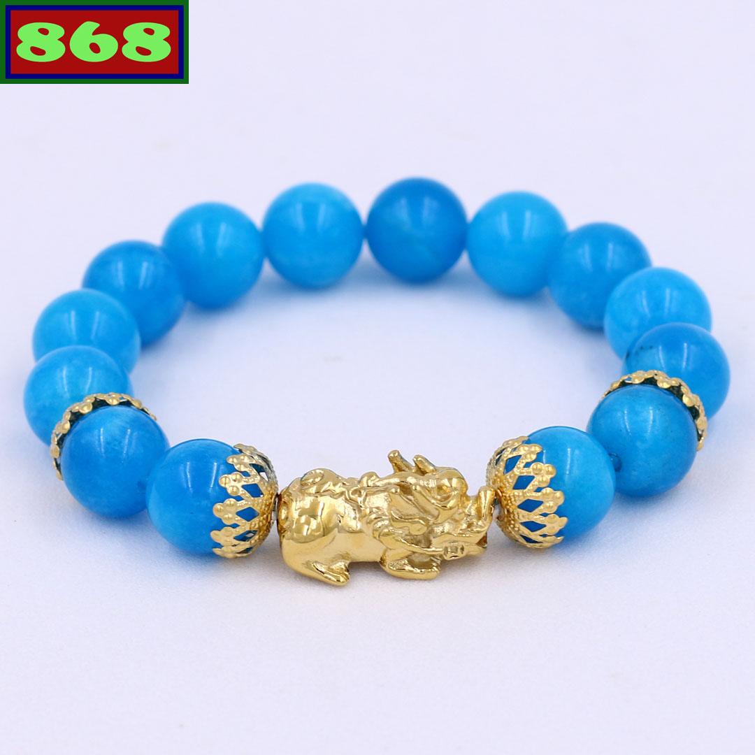 Chuỗi tay đá ngọc tủy xanh biển 12 ly tỳ hưu inox vàng vntxbthbkv12