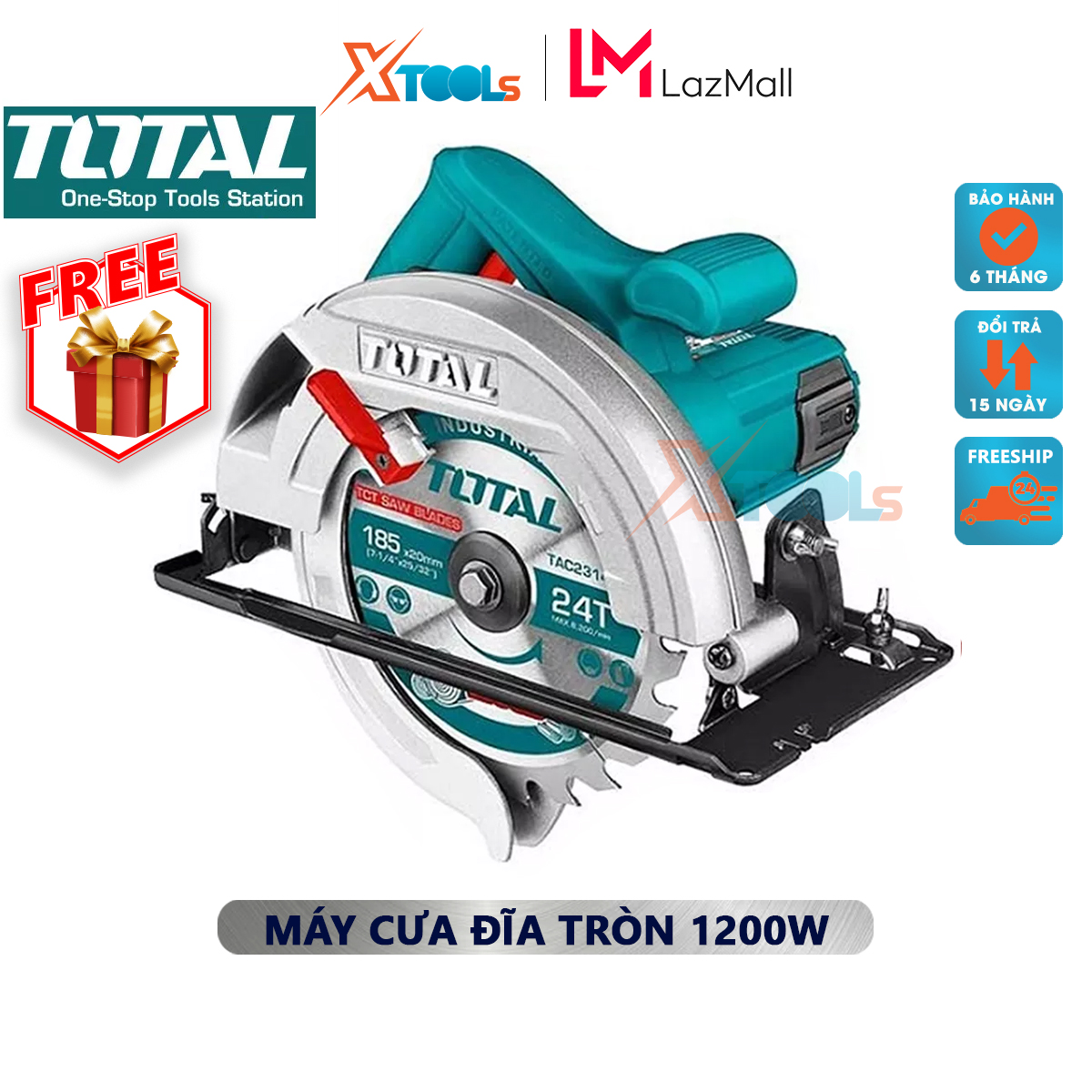 Máy cưa gỗ cầm tay TOTAL công suất 1200w-2200w, đường kính lưỡi cưa 185mm, khả năng cắt góc cắt 45 độ và 90 độ, điều chỉnh độ sâu cắt & vát cắt, kèm theo bộ phụ kiện
