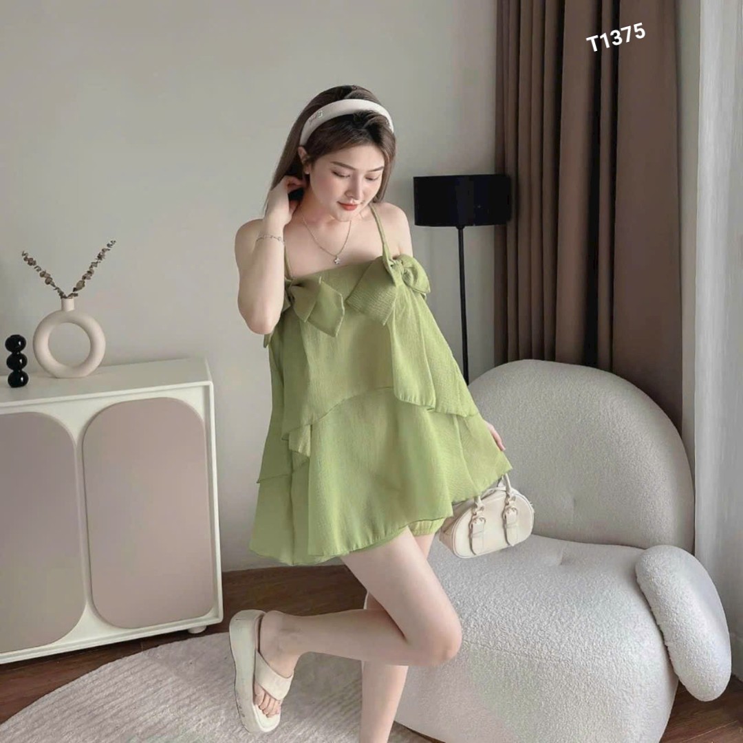 Set đùi 2 lớp bèo nơ ngực có mút ngực quần có lót giá voan ánh tơ T1375