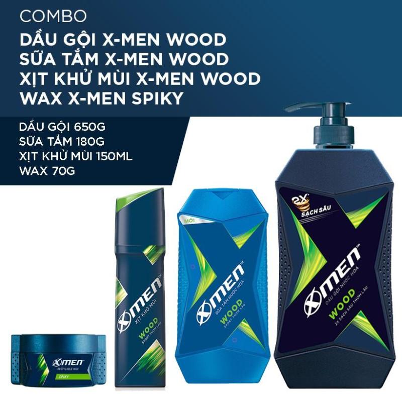 X Men - Combo Dầu gội nước hoa X-Men Wood 650g+Sữa tắm 180g+Sáp vuốt tóc Spiky 70g+Xịt khử mùi 150ml - Giá Sỉ