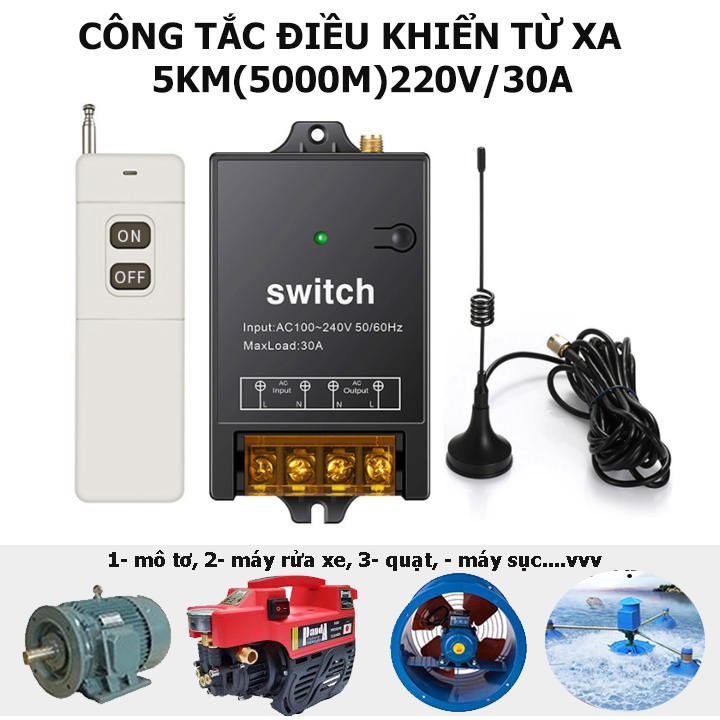 Bộ công tắc điều khiển từ xa 5Km/220V/30A có chức năng học lệnh từ điều khiển  khác ở tần số 433MHZ, công tắc điều khiển từ xa không dây, ổ cắm điều khiển từ xa, công tắc bật tắt máy bơm nước, công tắc wifi
