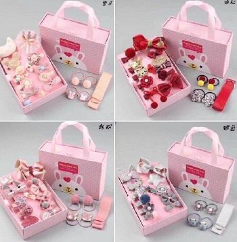 Hộp Dây Cột Tóc Bé Gái + Nơ Kẹp Siêu Dễ Thương Bộ 18 Món