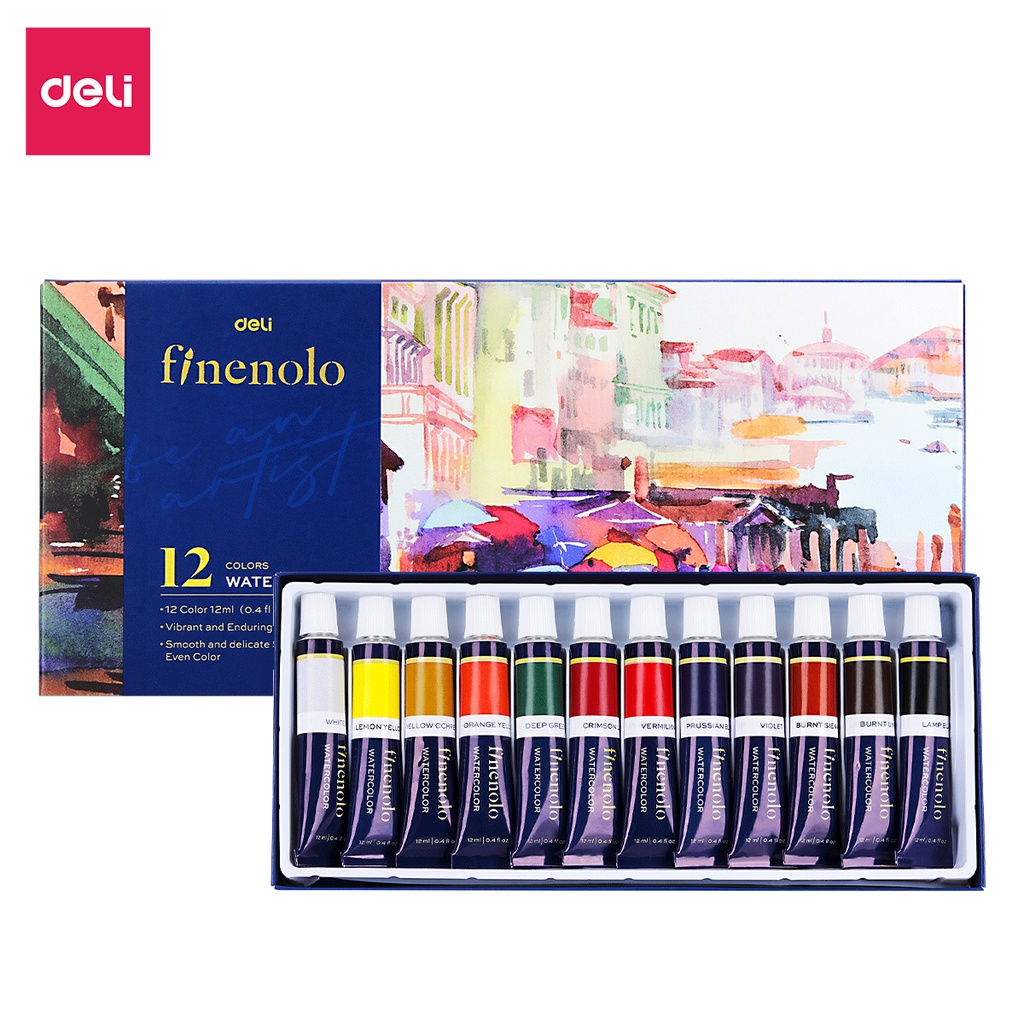 Màu nước acrylic dạng tuýp 5ml finenolo deli - 12/24 màu sáng đặc mịn nhanh khô vẽ vải giày tượng học sinh chuyên nghiệp - ec19
