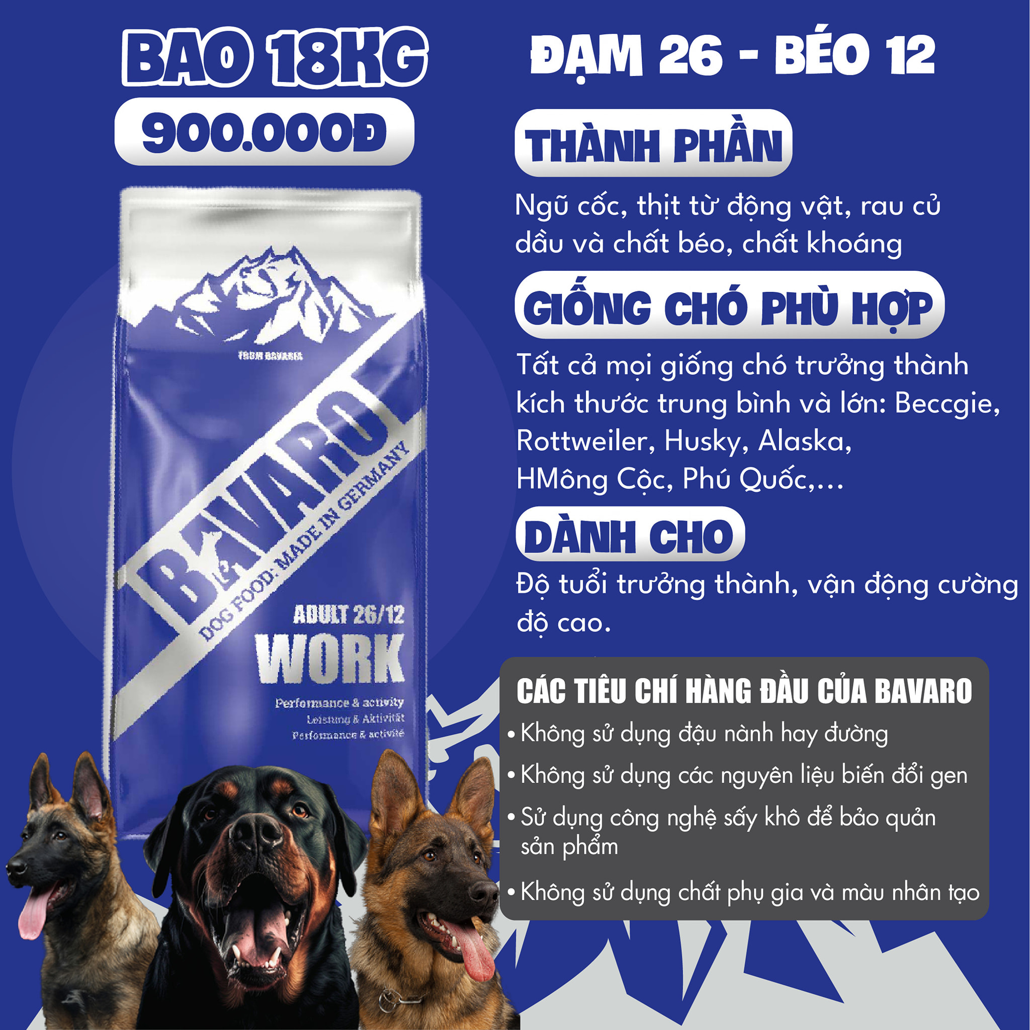 Bavaro adult 26/12 Work 18kg Thức ăn cho chó trưởng thành 26 độ đạm 12 độ béo made in Germany