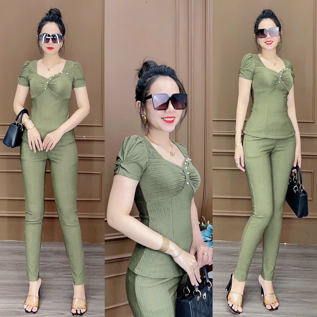Set đồ bộ siêu HOT áo ngắn tay bồng ngực đính cườm mix quần dài, Set thời trang hottrend quần dài mix áo đính cườm ngực tay ngắn, Set thời trang áo đính cườm ngực ngắn tay bồng mix quần dài MTB