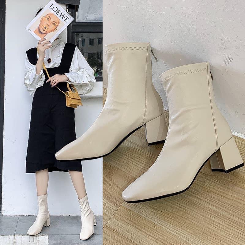 Giày Bốt cao cổ Đế Vuông Khoá Sau