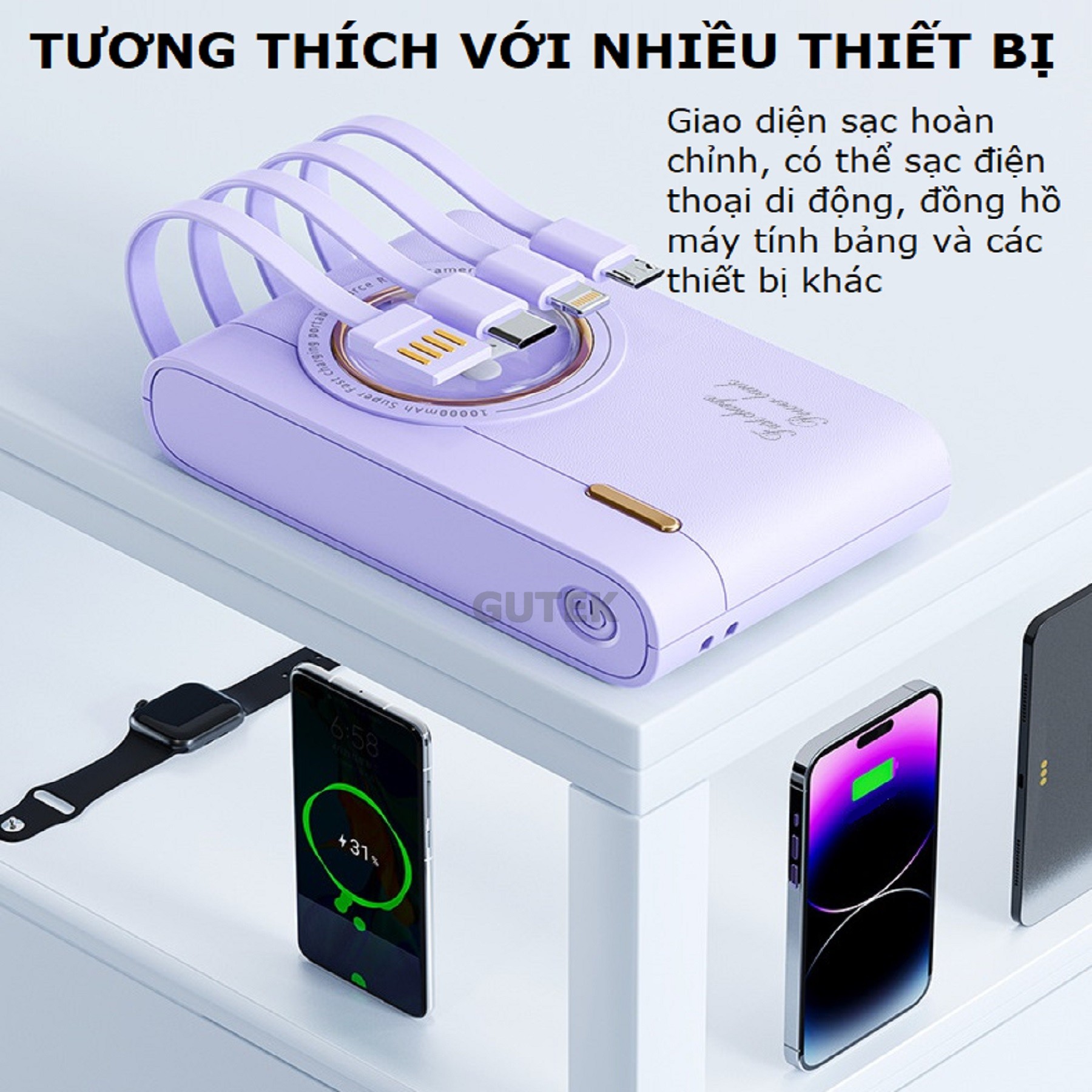 Sạc dự phòng 10000mAh 20000mAh Gutek YM741 dung lượng pin lớn tích hợp dây sạc nhanh cho nhiều thiết bị điện thoại