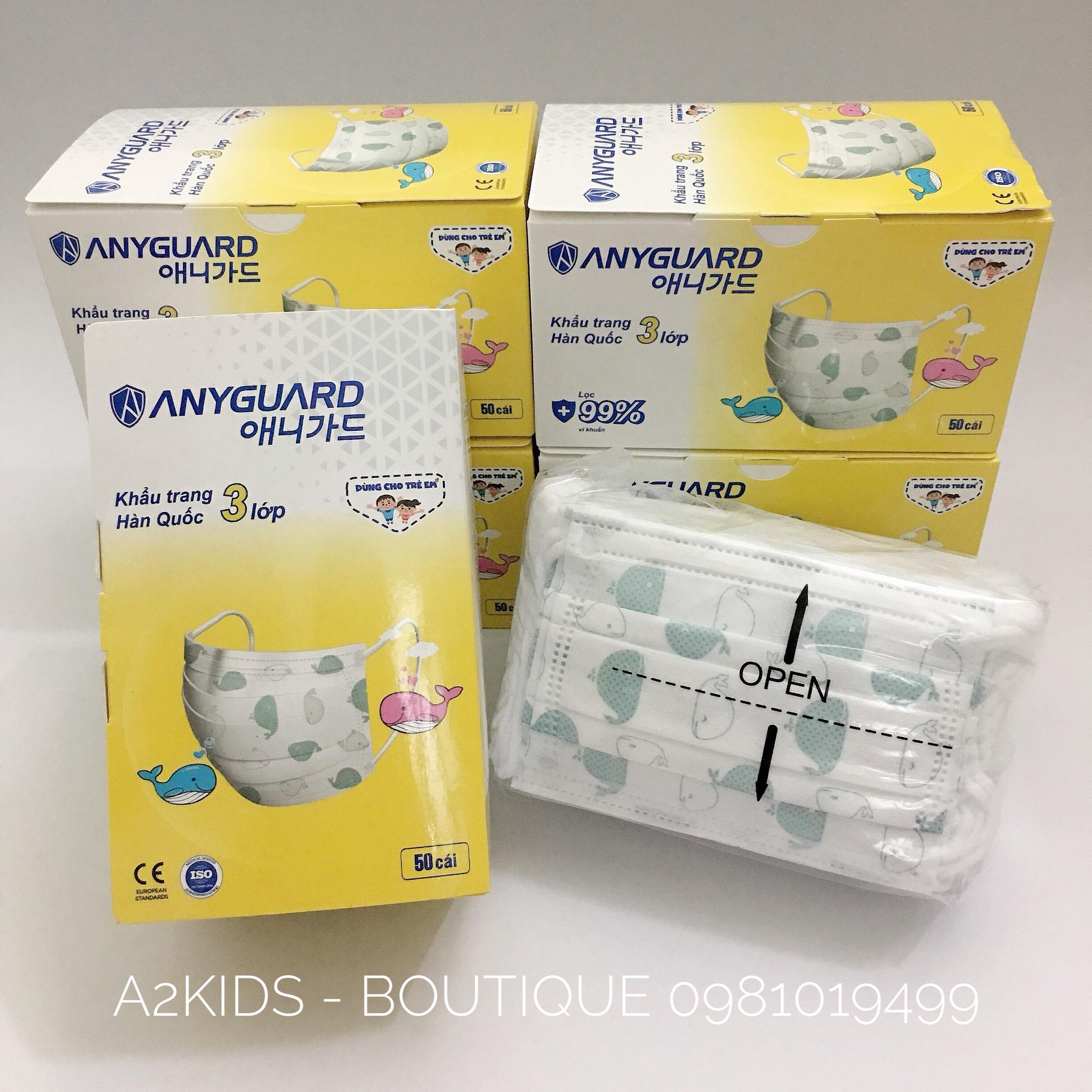 [HCM][Cho bé từ 3 - 7 tuổi] Hộp 50 cái khẩu trang 3 lớp cao cấp Hàn Quốc ANYGUARD an toàn cho bé / 애니가드 어린이 고래 마스크 일회용 50매 소형 초소형 /50 pieces face mask ANYGUARD Kids