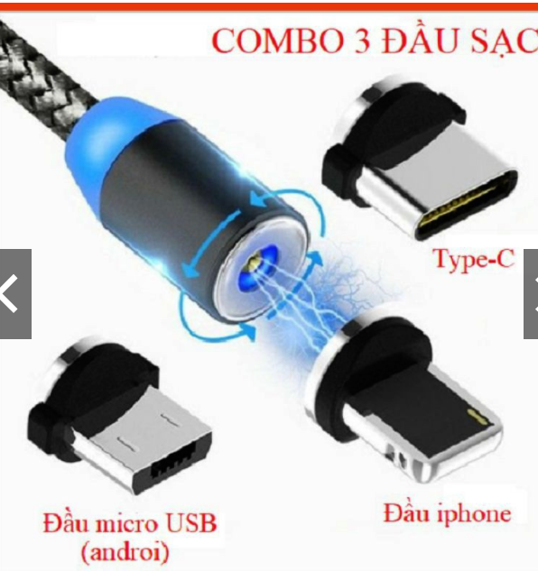 Cáp sạc từ hít nam châm 3 đầu(I.phone/ Micro/ Type C) xoay 360 độ