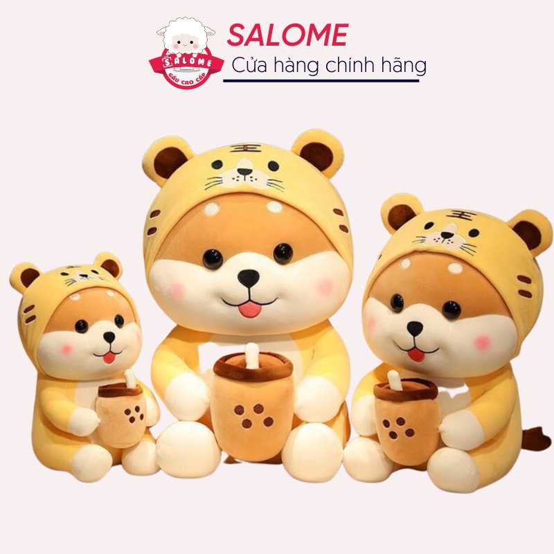 Gấu bông chó shiba ôm trà sữa size 25cm-80cm to khổng lồ vải miniso mềm mịn salome, thú nhồi bông chó đội nón hổ vàng