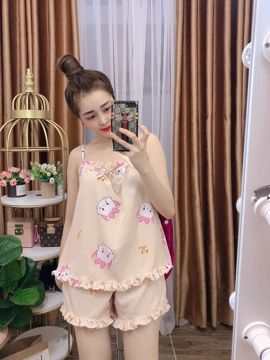 set bộ tiểu thư mặc nhà in hoạt hình chất lụa satin mát mẻ