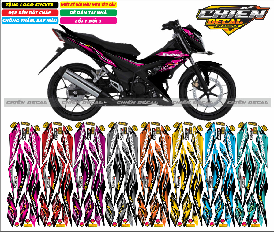 Tem rời xe sonic 150 màu đen mẫu tem lửa nhiều kiểu lựa chọn (tem 3 lớp cao cấp)