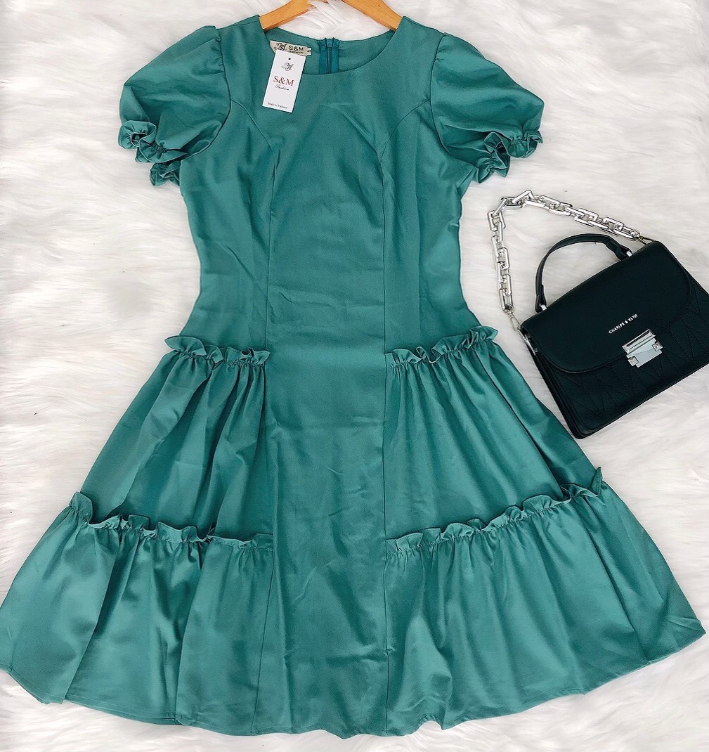 Đầm xòe phối bèo tay phồng bo thun - MS0219 (hình thật shop chụp)