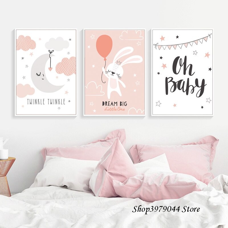 7 set tranh tone hồng pastel cho bé gái - khung gỗ tự nhiên