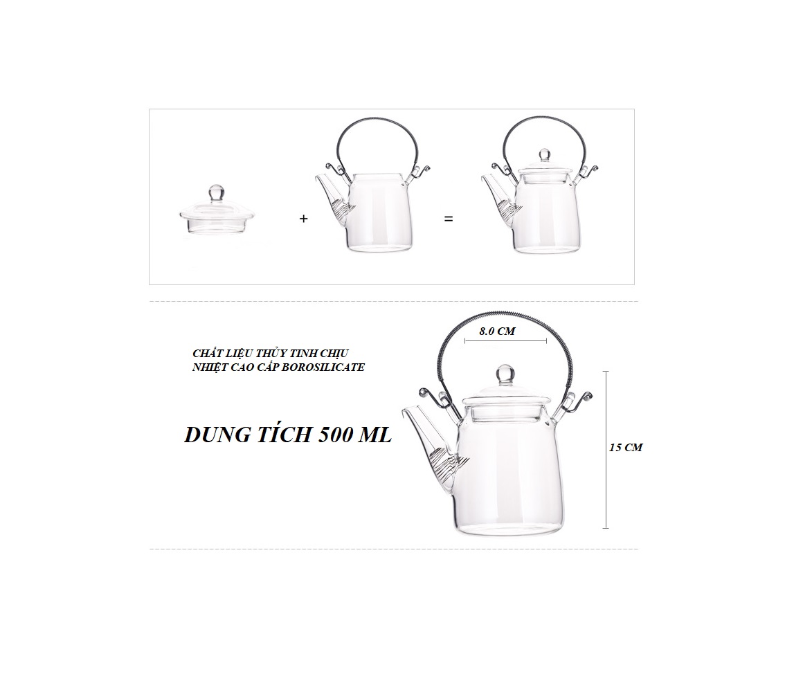 Ấm Thủy Tinh Pha Trà có lưới lọc inox 304 (500 ml)