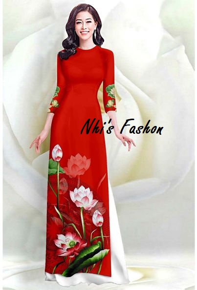 Áo Dài Truyền Thống Hoa Sen Thanh Lịch Nhi's Fashon, Duyên Dáng Lụa Mango Latinh Cao Cấp, áo dài màu đỏ , áo dài hoa sen màu đỏ, áo dài cách tân