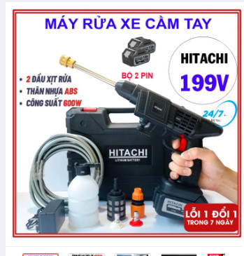 { Hàng chính hãng HITACHI Bảo hành 12 tháng lỗi 1 đổi 1 } Máy Rửa Xe Cầm Tay Dùng Pin Hitachi 199V -