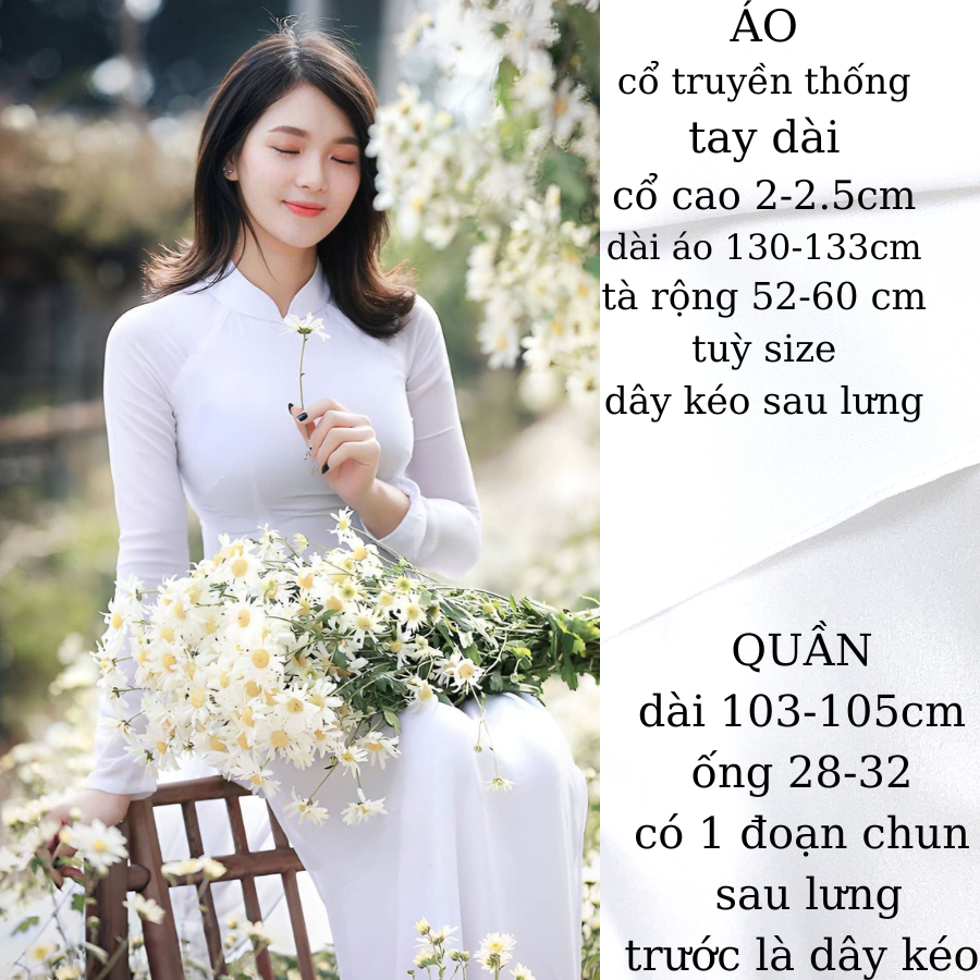 Áo dài trắng nữ học sinh cấp 3 chụp hình kỉ yếu truyền thống may sẵn lụa habutai cao cấp