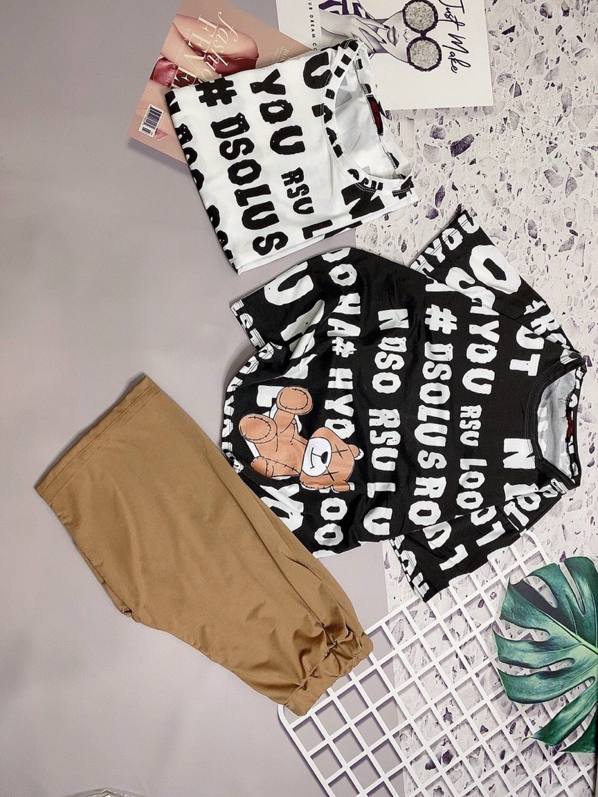 Set bộ thun lửng áo in họa tiết chữ quần lửng ngố