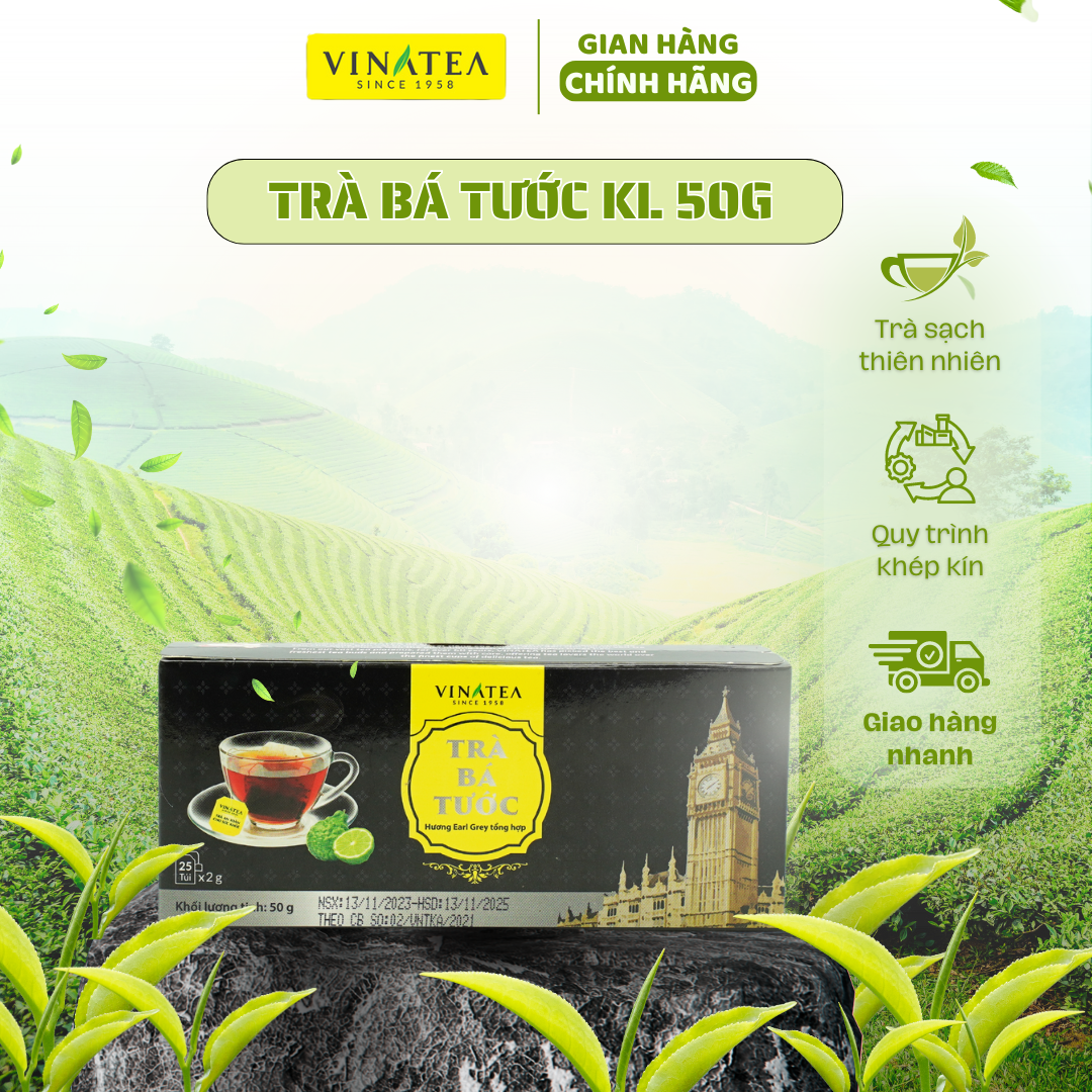 Trà Bá Tước khối lượng 50g, trà túi lọc đậm vị thơm đặc trưng hộp 25 túi, hồng trà đen Vinatea