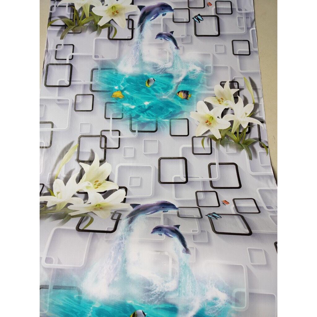 Cuộn 5M decal giấy dán tường (có sẵn keo) - hoa ly cá heo xanh