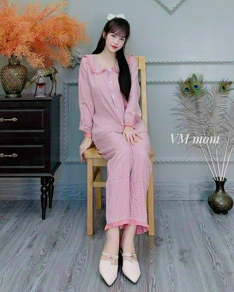 Bộ bầu kẻ dài chất đũi mềm mặc bầu sau sinh khóa ti tiện lợi cho mẹ và bé