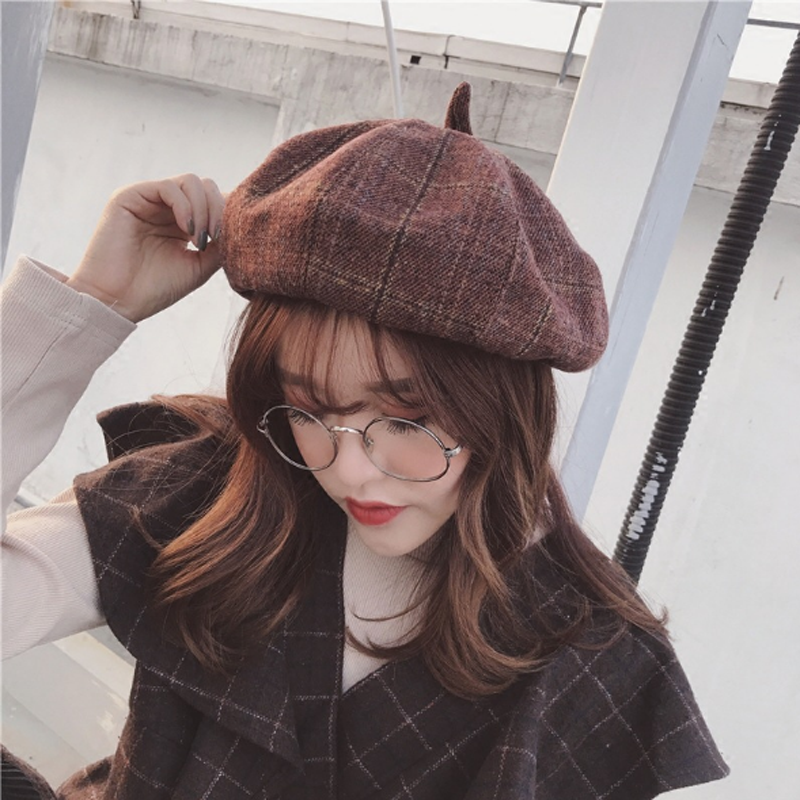 Mũ nồi beret caro có dây rút