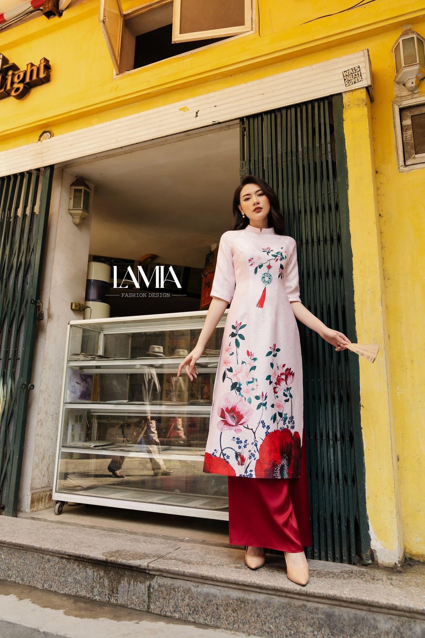 Áo dài cách tân lụa gấm mã h5- hồng nhạt
