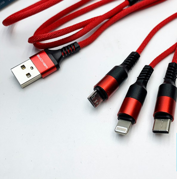 Cáp Sạc Đa năng 3 Đầu Bọc dù có 3 Cổng ra Lightning + Micro USB + Type C