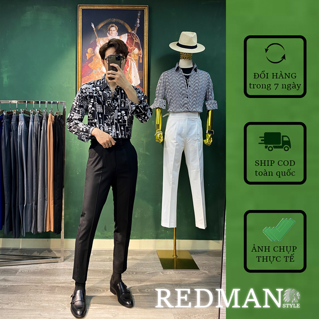 Áo Sơ Mi Nam Họa Tiết THỔ CẨM ĐEN S58 vải lụa Mango cao cấp [RedMan Style]