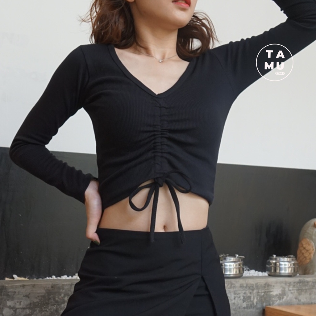 Áo croptop tay dài rút dây chất thun gân dày dặn kiểu dáng basic dễ phối đồ - CT08